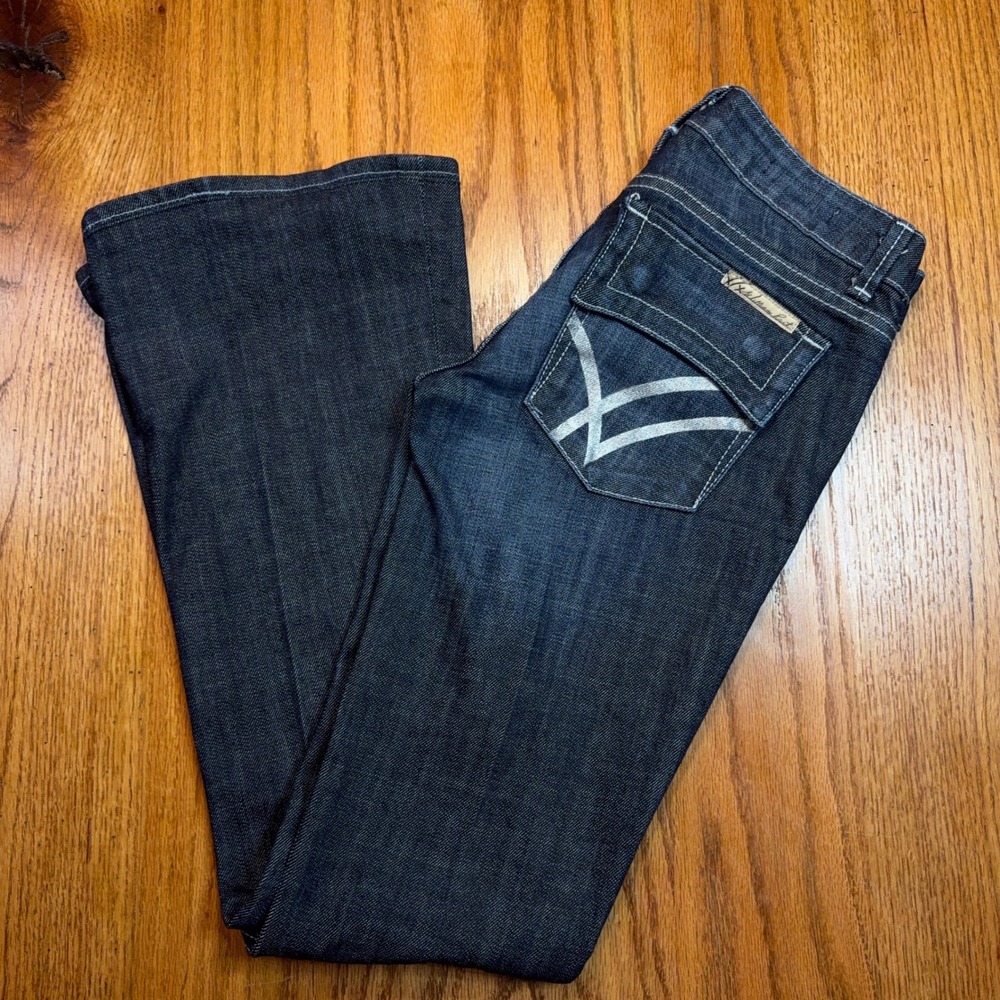 William Rast Belle Flare Jeans Women 24 Dark Wash Low Rise Contrast Stitch Flaw
